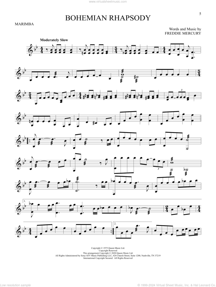 Bohemian Rhapsody sheet music for Marimba Solo by Queen and Freddie Mercury, intermediate skill level