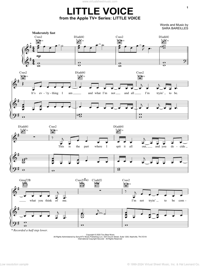 Little Voice (from the Apple TV+ Series: Little Voice) sheet music for voice, piano or guitar by Sara Bareilles, intermediate skill level