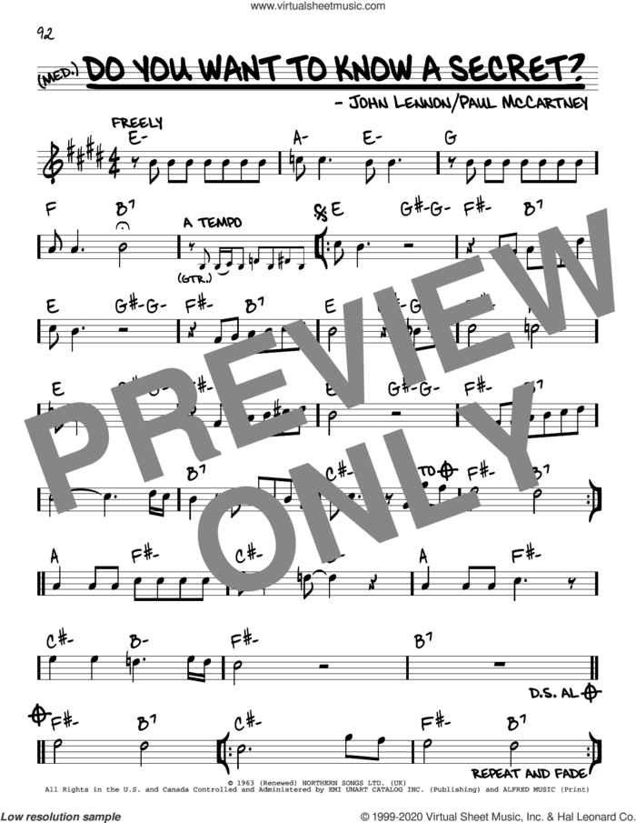 Do You Want To Know A Secret? sheet music for voice and other instruments (real book) by The Beatles, John Lennon and Paul McCartney, intermediate skill level