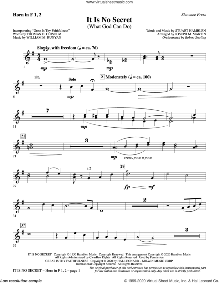 It Is No Secret (What God Can Do) (arr. Joseph M. Martin) sheet music for orchestra/band (f horn 1 and 2) by Stuart Hamblen and Joseph M. Martin, intermediate skill level
