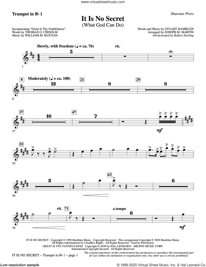 It Is No Secret (What God Can Do) (arr. Joseph M. Martin) sheet music for orchestra/band (Bb trumpet 1) by Stuart Hamblen and Joseph M. Martin, intermediate skill level