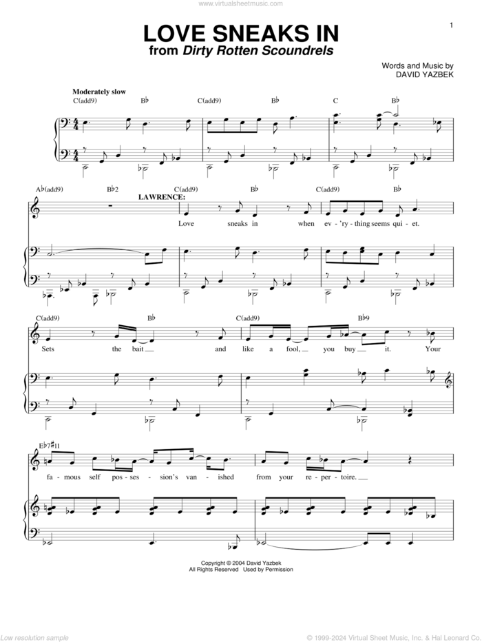Love Sneaks In (from Dirty Rotten Scoundrels) sheet music for voice and piano by David Yazbek, intermediate skill level