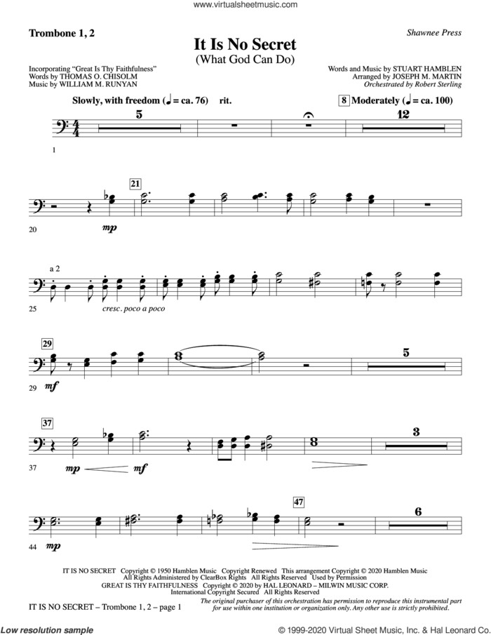 It Is No Secret (What God Can Do) (arr. Joseph M. Martin) sheet music for orchestra/band (trombone 1,2) by Stuart Hamblen and Joseph M. Martin, intermediate skill level