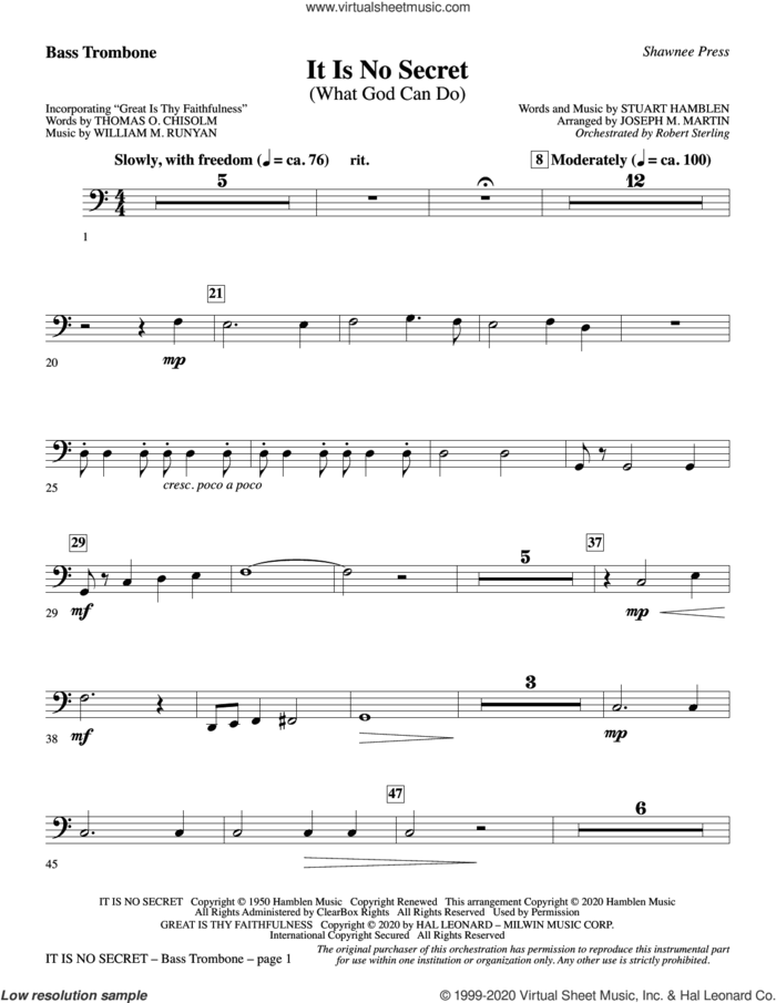 It Is No Secret (What God Can Do) (arr. Joseph M. Martin) sheet music for orchestra/band (bass trombone) by Stuart Hamblen and Joseph M. Martin, intermediate skill level