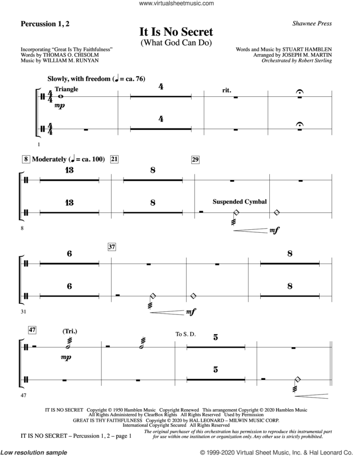 It Is No Secret (What God Can Do) (arr. Joseph M. Martin) sheet music for orchestra/band (percussion 1 and 2) by Stuart Hamblen and Joseph M. Martin, intermediate skill level