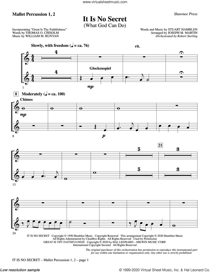 It Is No Secret (What God Can Do) (arr. Joseph M. Martin) sheet music for orchestra/band (mallet percussion) by Stuart Hamblen and Joseph M. Martin, intermediate skill level