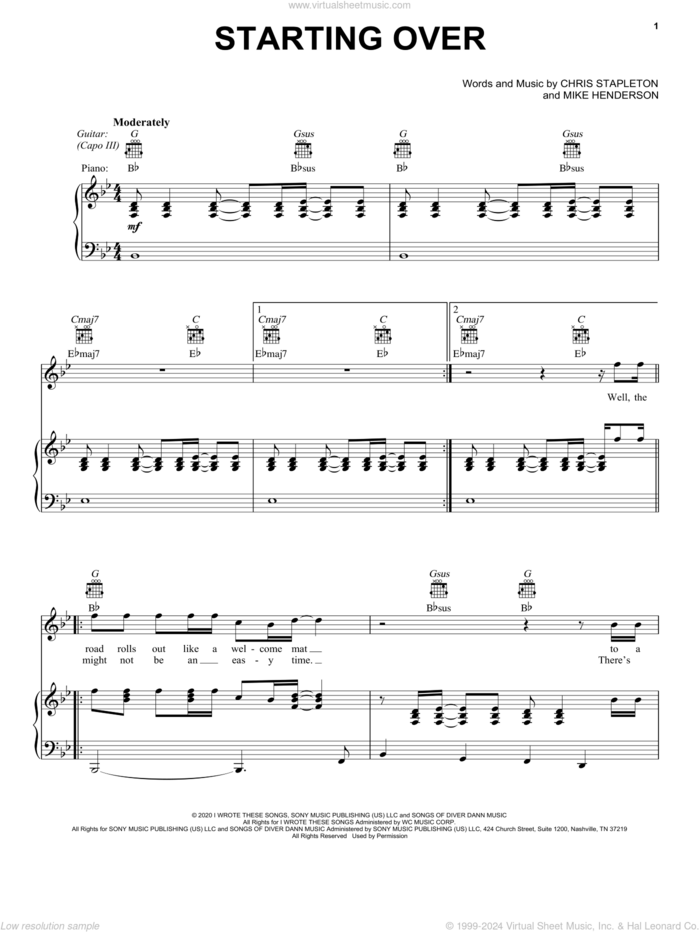 Starting Over sheet music for voice, piano or guitar by Chris Stapleton and Mike Henderson, intermediate skill level