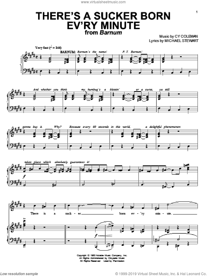 There's A Sucker Born Ev'ry Minute sheet music for voice and piano by Cy Coleman and Michael Stewart, intermediate skill level