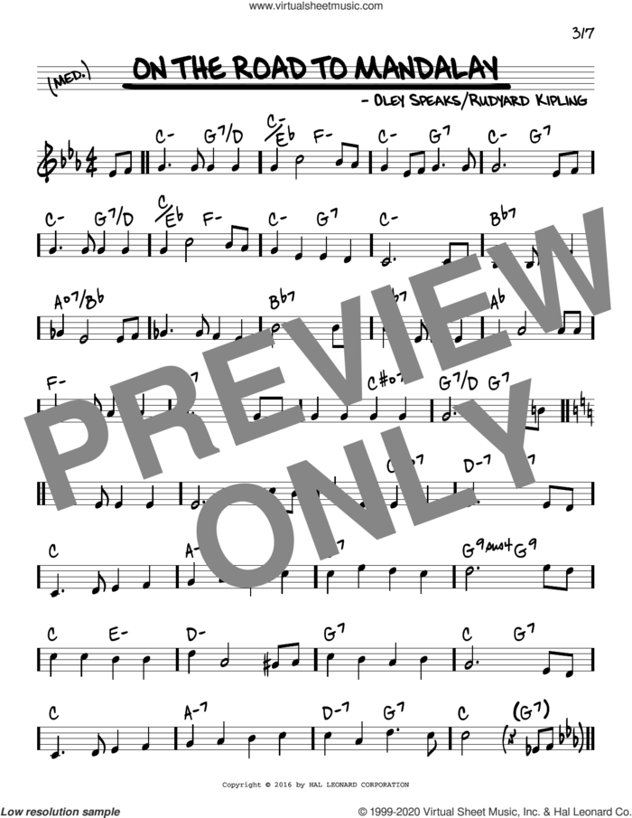 On The Road To Mandalay sheet music for voice and other instruments (real book) by Rudyard Kipling and Oley Speaks, intermediate skill level