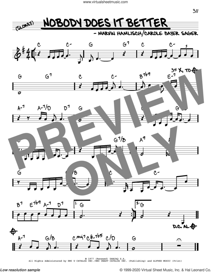 Nobody Does It Better sheet music for voice and other instruments (real book) by Carly Simon, Carole Bayer Sager and Marvin Hamlisch, intermediate skill level