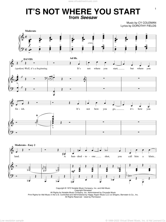 It's Not Where You Start sheet music for voice and piano by Cy Coleman and Dorothy Fields, intermediate skill level