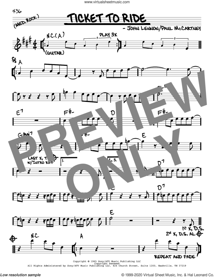 Ticket To Ride sheet music for voice and other instruments (real book) by The Beatles, John Lennon and Paul McCartney, intermediate skill level