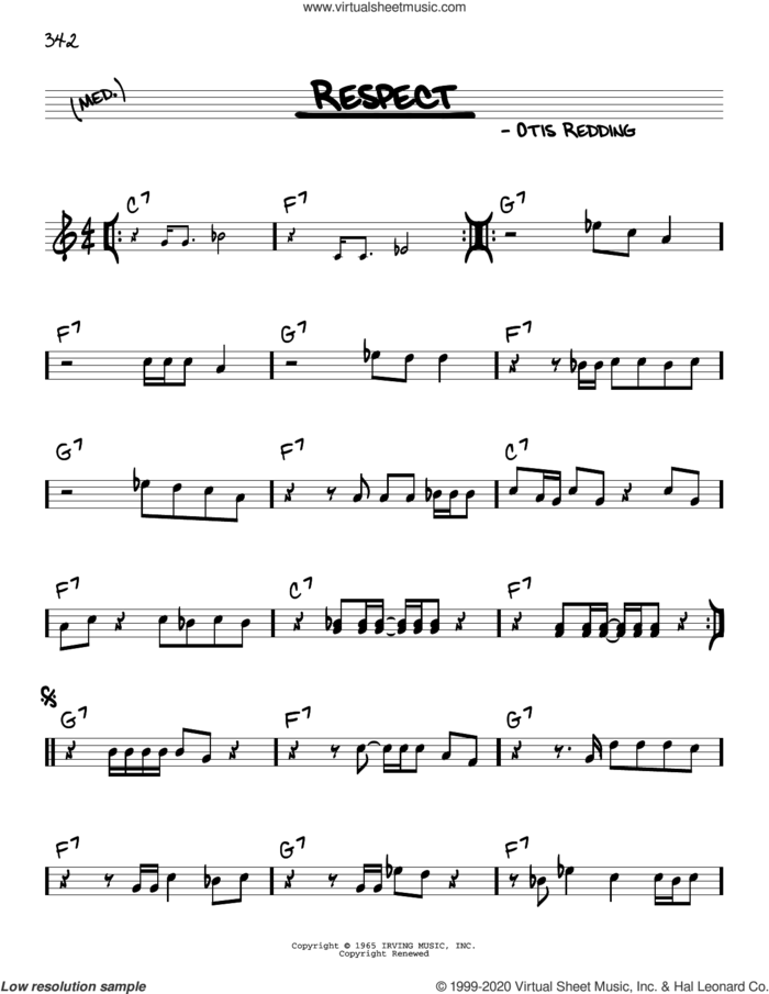 Respect sheet music for voice and other instruments (real book) by Aretha Franklin and Otis Redding, intermediate skill level