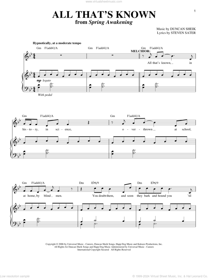 All That's Known sheet music for voice and piano by Duncan Sheik, Spring Awakening (Musical) and Steven Sater, intermediate skill level