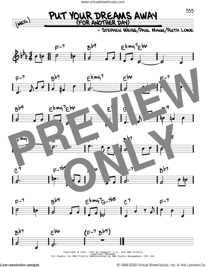 Put Your Dreams Away (For Another Day) sheet music for voice and other instruments (real book) by Frank Sinatra, Paul Mann, Ruth Lowe and Stephen Weiss, intermediate skill level