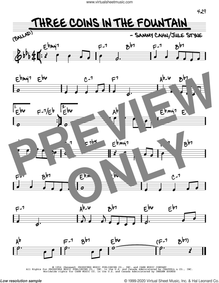 Three Coins In The Fountain sheet music for voice and other instruments (real book) by The Four Aces, Jule Styne and Sammy Cahn, intermediate skill level