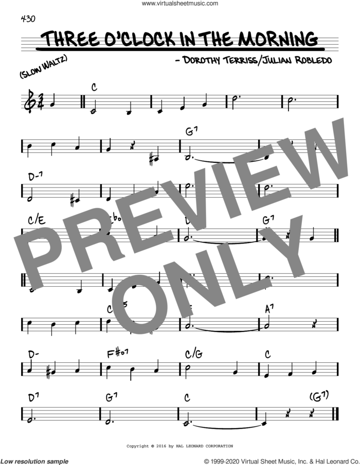 Three O'Clock In The Morning sheet music for voice and other instruments (real book) by Dorothy Terriss and Julian Robledo, intermediate skill level