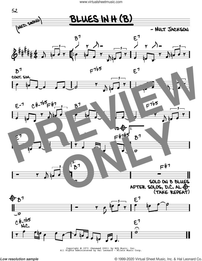 Blues In H (B) sheet music for voice and other instruments (real book) by Modern Jazz Quartet and Milt Jackson, intermediate skill level