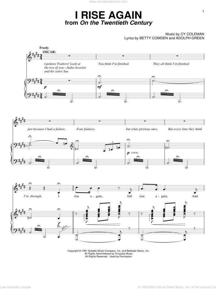 I Rise Again (from On The Twentieth Century) sheet music for voice and piano by Cy Coleman, Adolph Green and Betty Comden, intermediate skill level