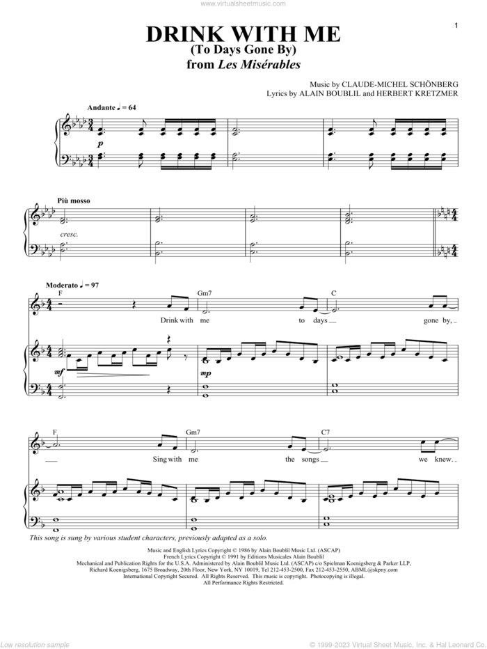 Drink With Me (To Days Gone By) sheet music for voice and piano by Boublil and Schonberg, Alain Boublil, Claude-Michel Schonberg and Herbert Kretzmer, intermediate skill level