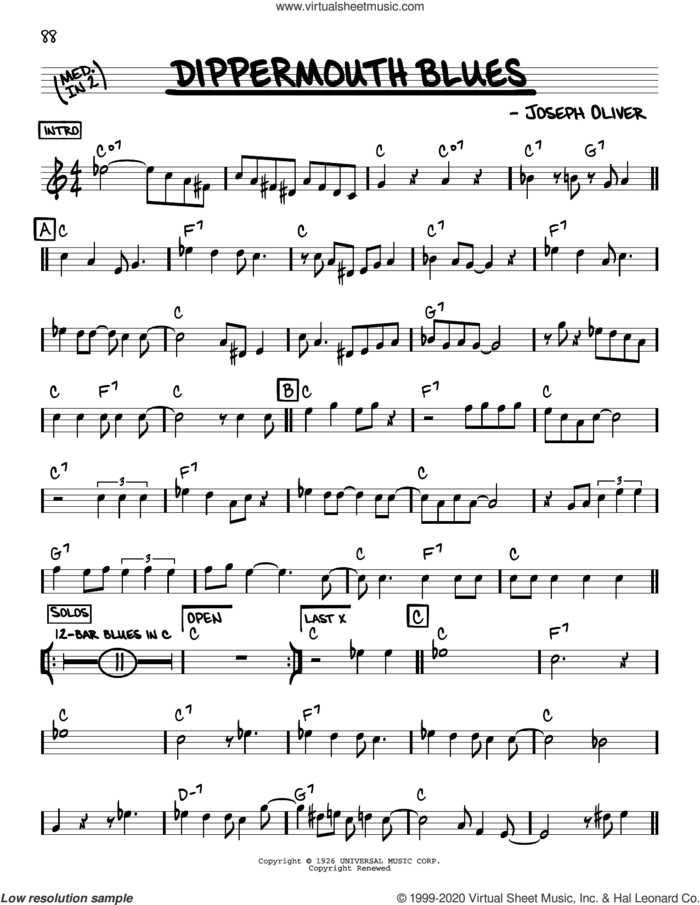 Dippermouth Blues sheet music for voice and other instruments (real book) by Louis Armstrong and Joe Oliver, intermediate skill level