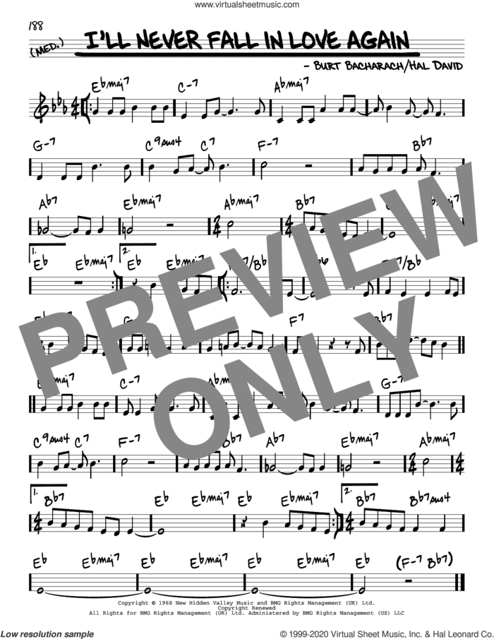 I'll Never Fall In Love Again sheet music for voice and other instruments (real book) by Dionne Warwick, Burt Bacharach and Hal David, intermediate skill level