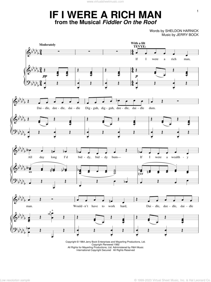 If I Were A Rich Man (from Fiddler On The Roof) sheet music for voice and piano by Bock & Harnick, Jerry Bock and Sheldon Harnick, intermediate skill level