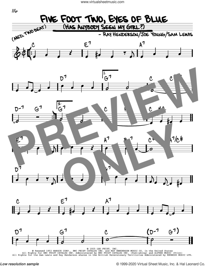Five Foot Two, Eyes Of Blue (Has Anybody Seen My Girl?) sheet music for voice and other instruments (real book) by Joe Young, Ray Henderson and Sam Lewis, intermediate skill level