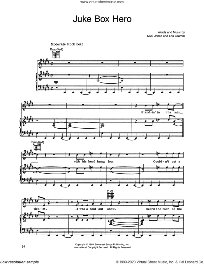 Juke Box Hero sheet music for voice, piano or guitar by Foreigner, Lou Gramm and Mick Jones, intermediate skill level