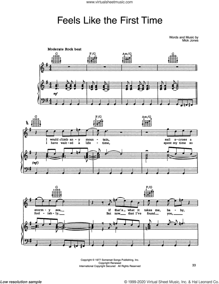 Feels Like The First Time sheet music for voice, piano or guitar by Foreigner and Mick Jones, intermediate skill level