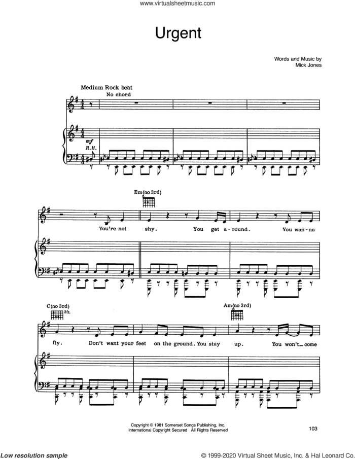 Urgent sheet music for voice, piano or guitar by Foreigner and Mick Jones, intermediate skill level