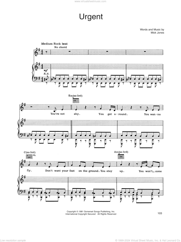 Urgent sheet music for voice, piano or guitar by Foreigner and Mick Jones, intermediate skill level