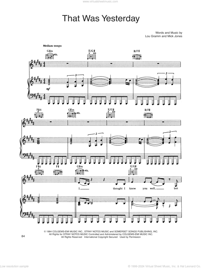 That Was Yesterday sheet music for voice, piano or guitar by Foreigner, Lou Gramm and Mick Jones, intermediate skill level