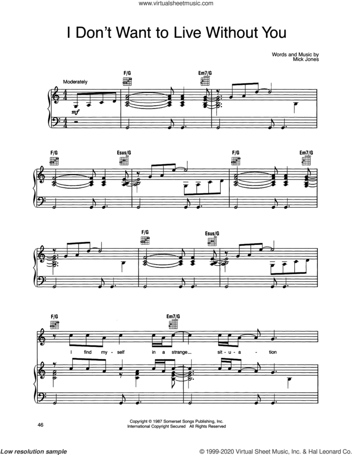I Don't Want To Live Without You sheet music for voice, piano or guitar by Foreigner and Mick Jones, intermediate skill level