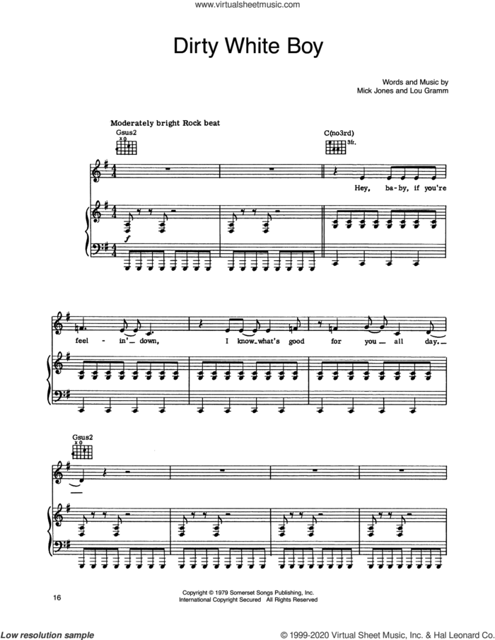 Dirty White Boy sheet music for voice, piano or guitar by Foreigner, Lou Gramm and Mick Jones, intermediate skill level