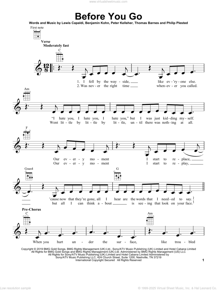 Before You Go sheet music for ukulele by Lewis Capaldi, Benjamin Kohn, Peter Kelleher, Philip Plested and Thomas Barnes, intermediate skill level