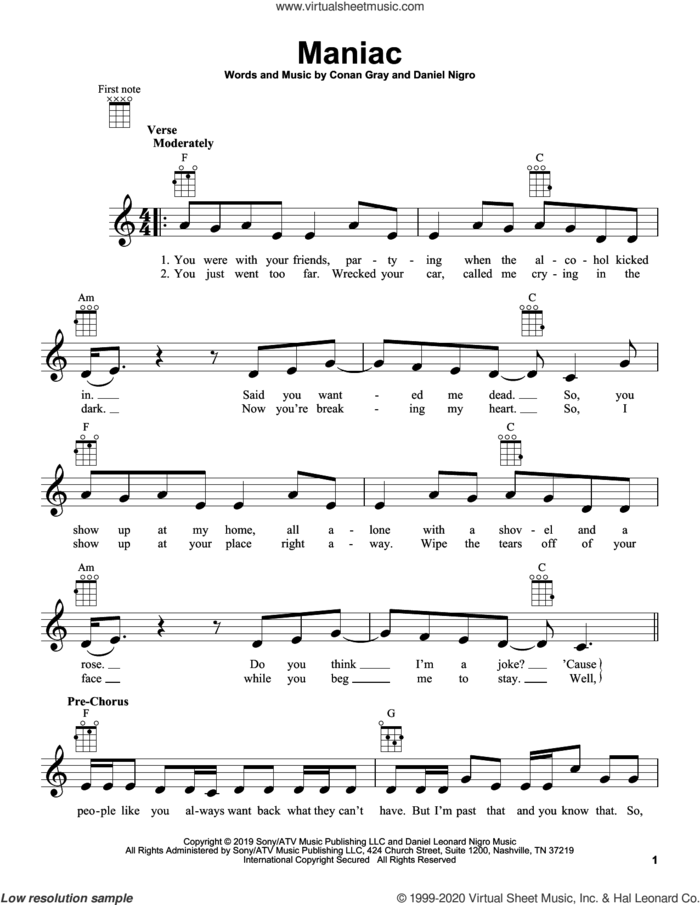 Maniac sheet music for ukulele by Conan Gray and Daniel Nigro, intermediate skill level