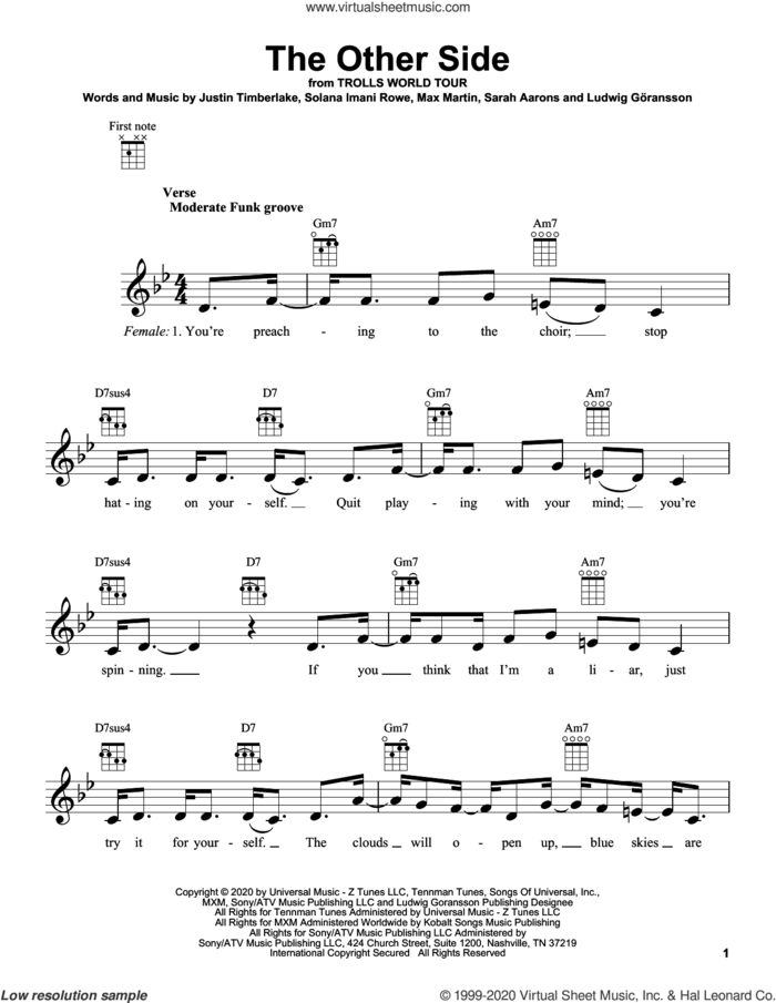 The Other Side (from Trolls World Tour) sheet music for ukulele by SZA & Justin Timberlake, Justin Timberlake, Ludwig Goransson, Max Martin, Sarah Aarons and Solana Imani Rowe, intermediate skill level