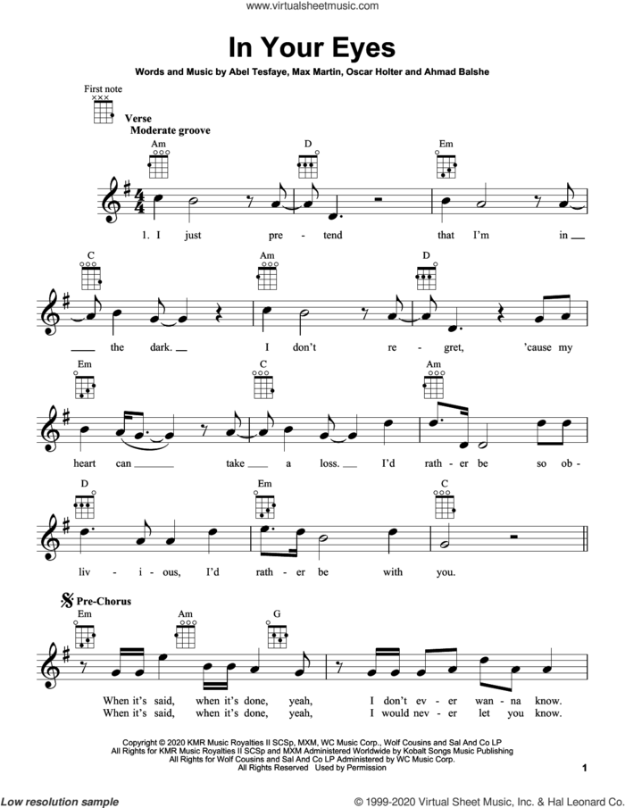 In Your Eyes sheet music for ukulele by The Weeknd, Abel Tesfaye, Ahmad Balshe, Max Martin and Oscar Holter, intermediate skill level
