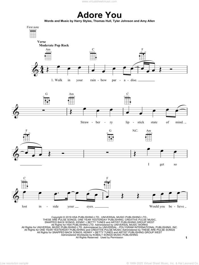 Adore You sheet music for ukulele by Harry Styles, Amy Allen, Tom Hull and Tyler Johnson, intermediate skill level