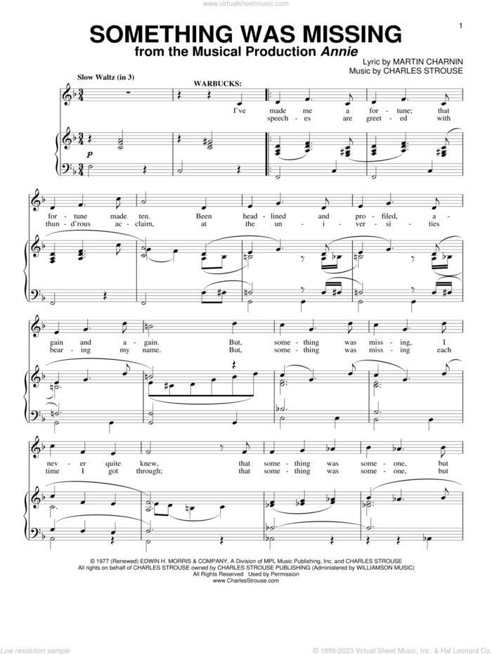 Something Was Missing sheet music for voice and piano by Charles Strouse and Martin Charnin, intermediate skill level