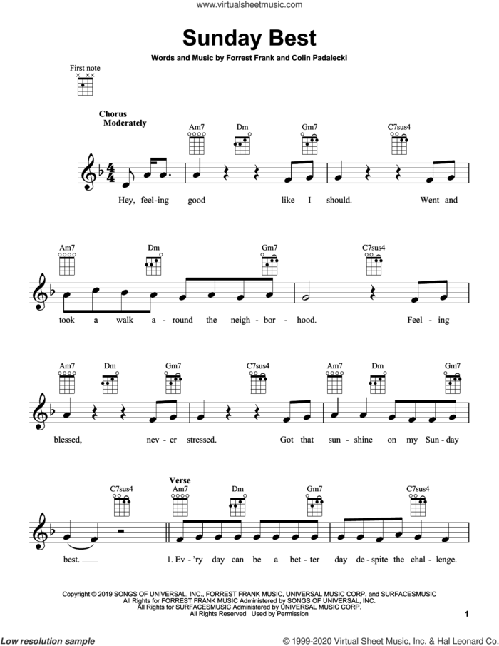 Sunday Best sheet music for ukulele by Surfaces, Colin Padalecki and Forrest Frank, intermediate skill level