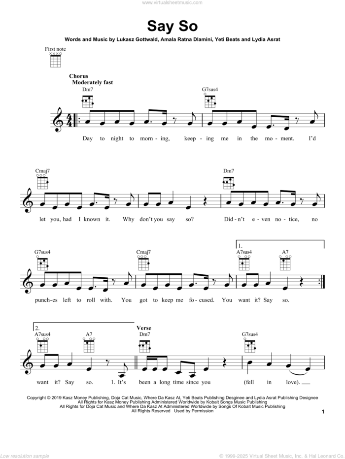 Say So sheet music for ukulele by Doja Cat, Amala Ratna Dlamini, Lukasz Gottwald, Lydia Asrat and Yeti Beats, intermediate skill level