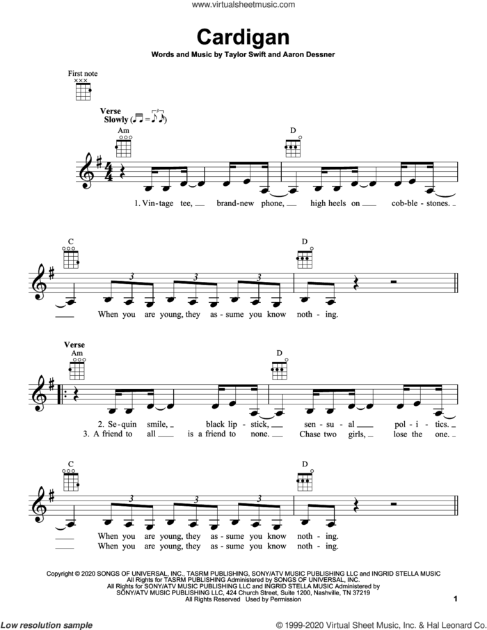 cardigan sheet music for ukulele by Taylor Swift and Aaron Dessner, intermediate skill level