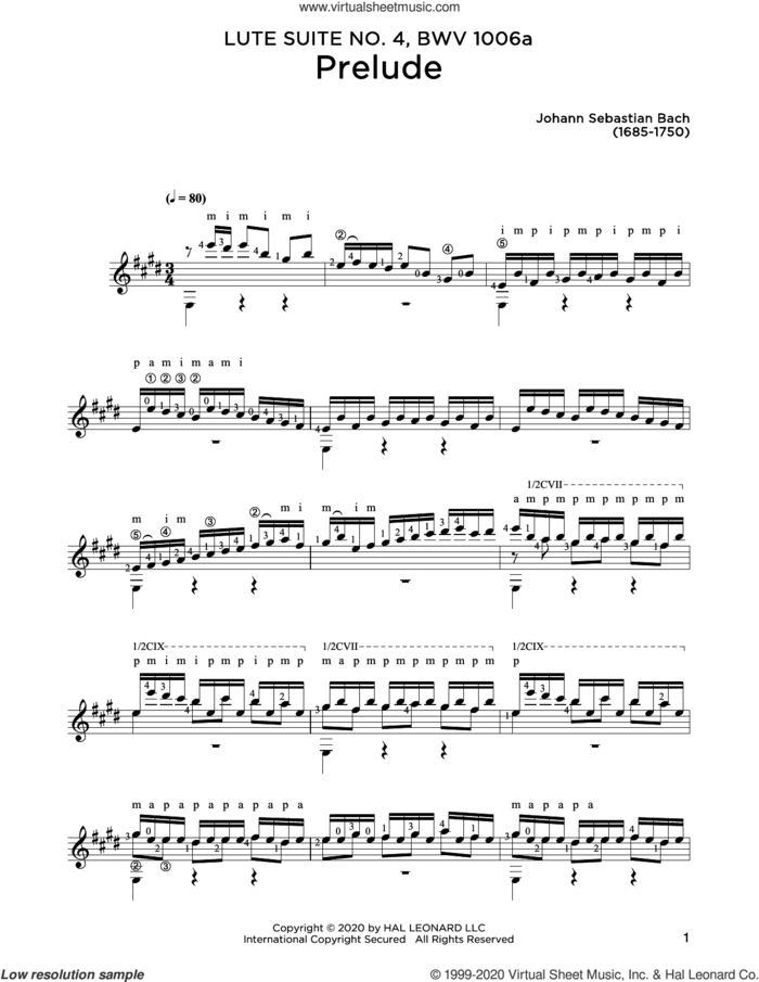 Prelude sheet music for guitar solo by Johann Sebastian Bach and John Hill, classical score, intermediate skill level