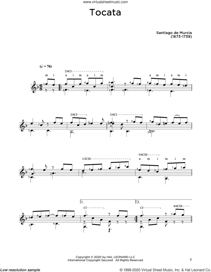 Tocata sheet music for guitar solo by Santiago de Murcia and John Hill, classical score, intermediate skill level