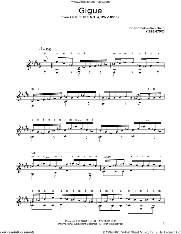 Gigue sheet music for guitar solo by Johann Sebastian Bach and John Hill, classical score, intermediate skill level