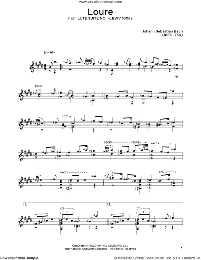 Loure sheet music for guitar solo by Johann Sebastian Bach and John Hill, classical score, intermediate skill level