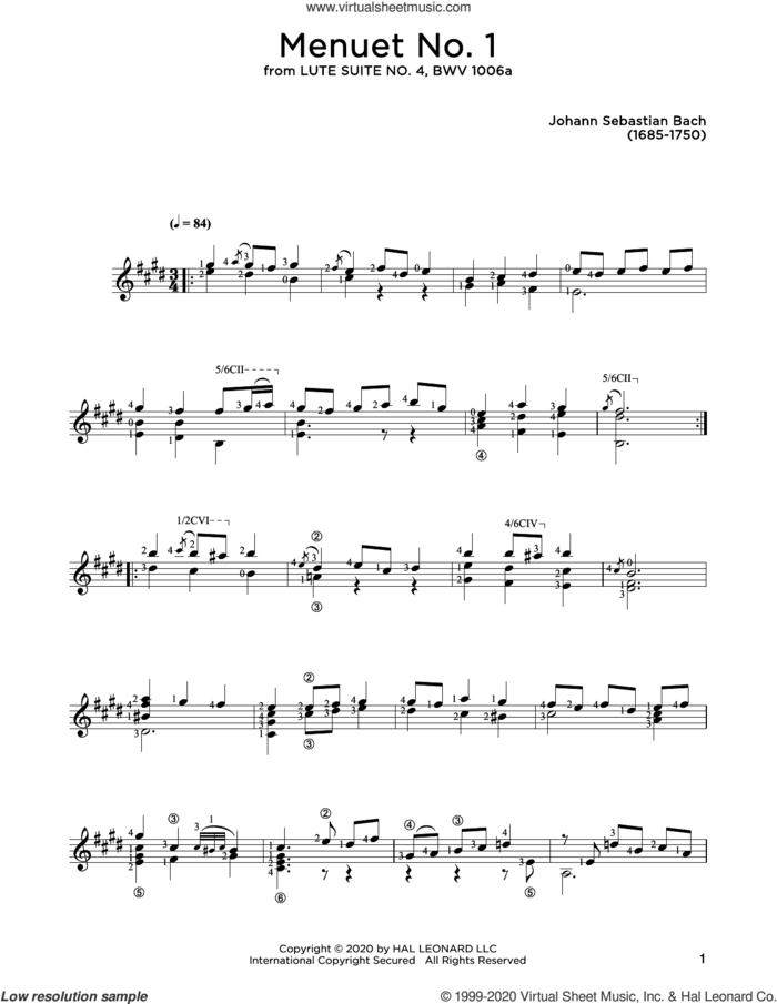 Menuet No. 1 sheet music for guitar solo by Johann Sebastian Bach and John Hill, classical score, intermediate skill level