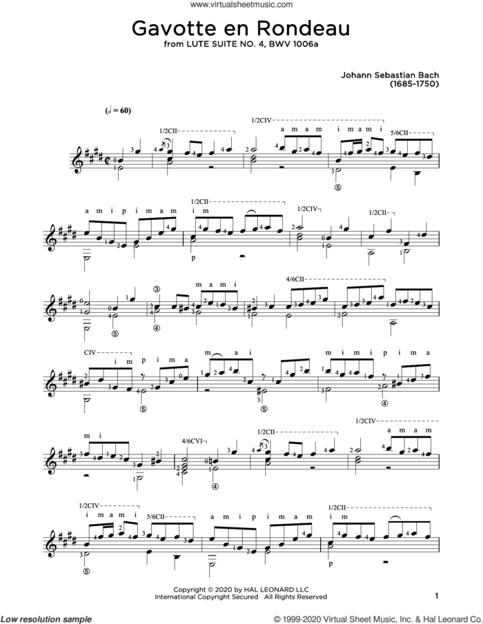 Gavotte En Rondeau sheet music for guitar solo by Johann Sebastian Bach and John Hill, classical score, intermediate skill level